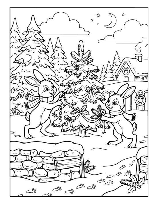 Two hares hanging garlands and berries on a young pine in a snowy wood beside a stone wall on a coloring sheet