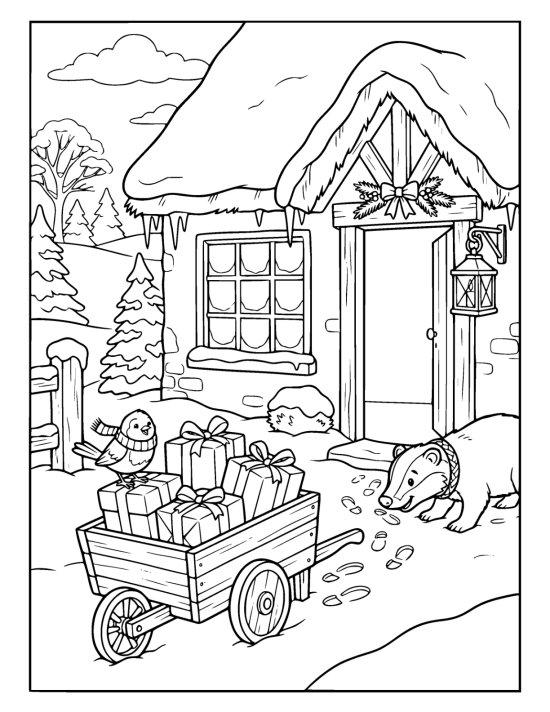 Wooden handcart loaded with wrapped parcels outside a cottage door hung with a garland and a lantern on a coloring page
