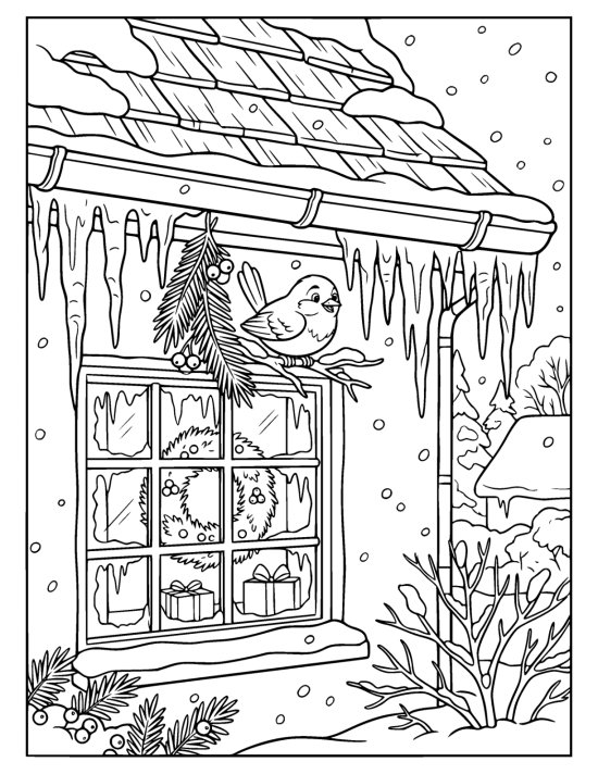Cottage eave hung with a long row of icicles with a small bird on a berry branch above a frosted window on a coloring sheet
