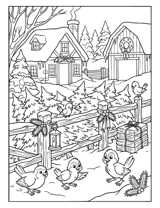 Cut fir trees leaning in rows against a rail fence with a lantern hanging from a post on a coloring page