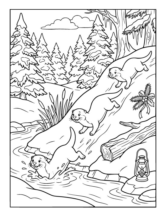 Three otters sliding down a snowy bank into a stream beside reeds and a fallen log on a coloring sheet