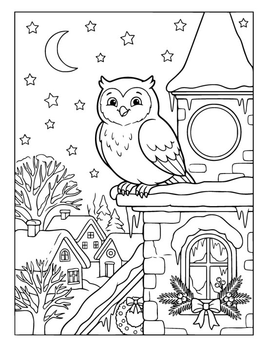 Owl perched on a snowy steeple ledge above the village roofs below a crescent moon and stars on a coloring page