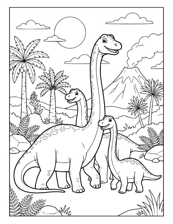 Three long necked diplodocus walking together across an open plain on a coloring sheet