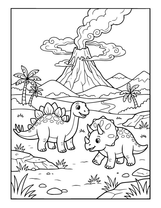 Two dinosaurs in a wide valley below a tall smoking volcano on a coloring page
