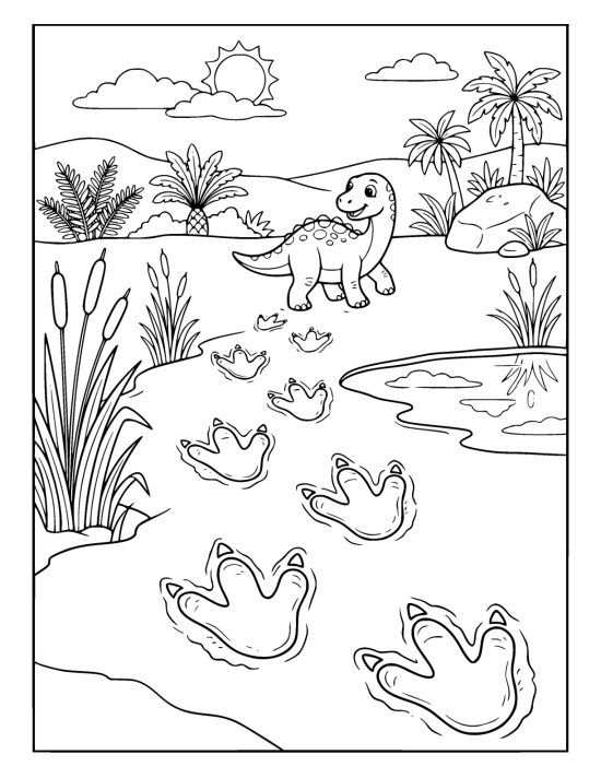 Row of large three toed dinosaur footprints pressed into a muddy flat on a coloring sheet