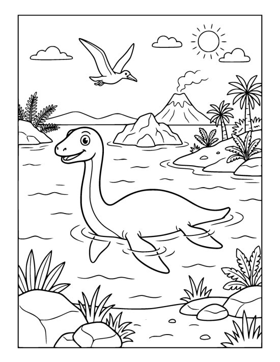 Long necked plesiosaur swimming with its head and flippers above the water on a coloring page