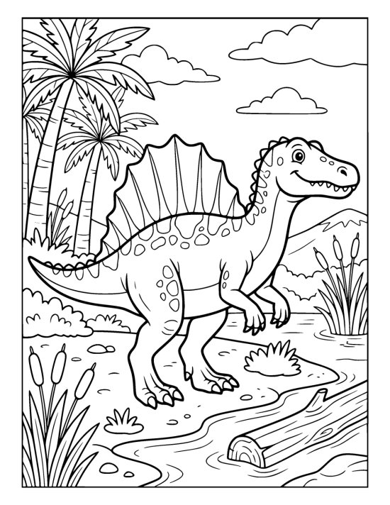 Spinosaurus with a tall sail along its back standing on a sandy riverbank on a coloring sheet