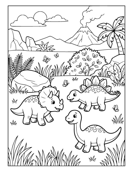 Three small baby dinosaurs playing together in a grassy clearing on a coloring page