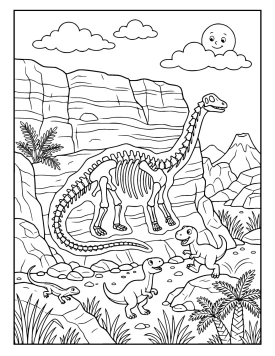 Large dinosaur skeleton embedded in the layered rock of a cliff face on a coloring sheet