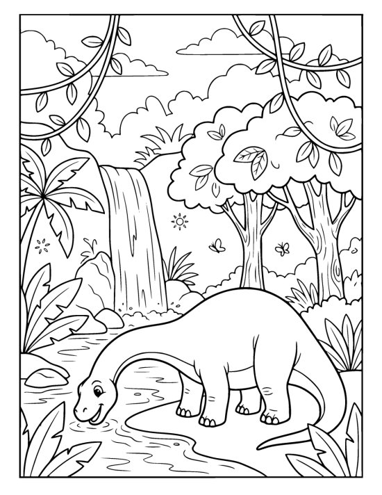 Gentle long necked dinosaur drinking from a pool below a jungle waterfall on a coloring page