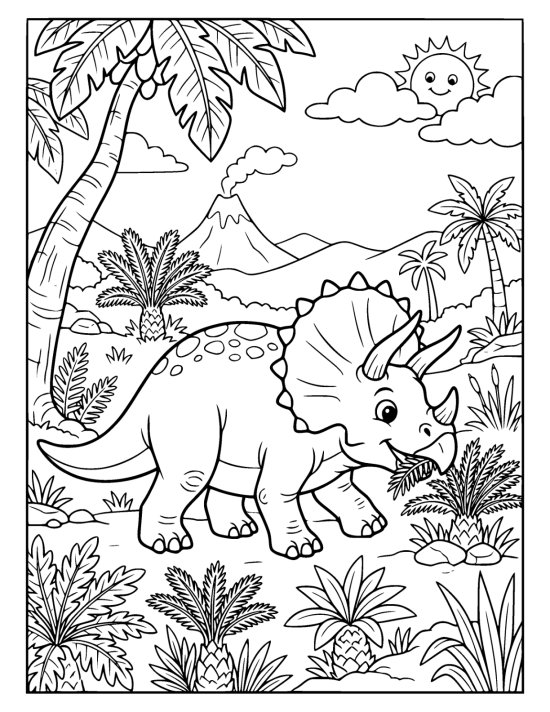 Triceratops grazing on low cycad plants in a sunny prehistoric grove on a coloring sheet
