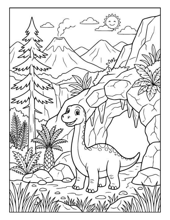 Small dinosaur standing at the mouth of a rocky cave in a mountainside on a coloring page