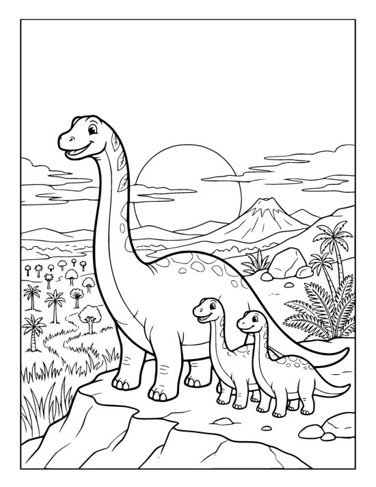 Large long necked dinosaur and two smaller ones on a ridge at sunset on a coloring sheet