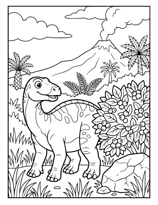 Iguanodon standing beside a tall bush covered in round berries on a coloring page