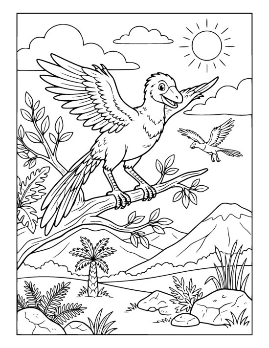 Feathered archaeopteryx perched on a thick branch with wings partly open on a coloring sheet