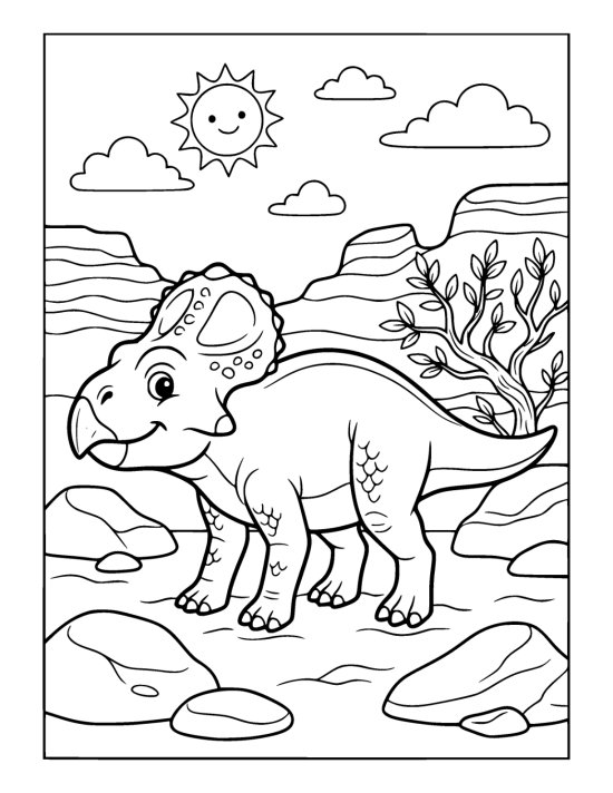 Protoceratops with a small neck frill standing among smooth desert rocks on a coloring page