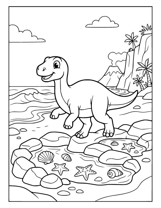 Small dinosaur stepping between rocky tide pools full of shells and starfish on a coloring sheet