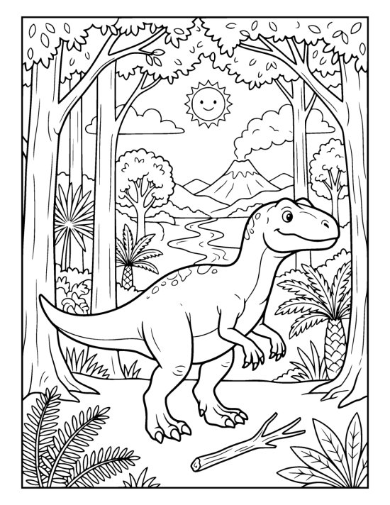 Allosaurus standing in a forest clearing surrounded by tall tree trunks on a coloring page