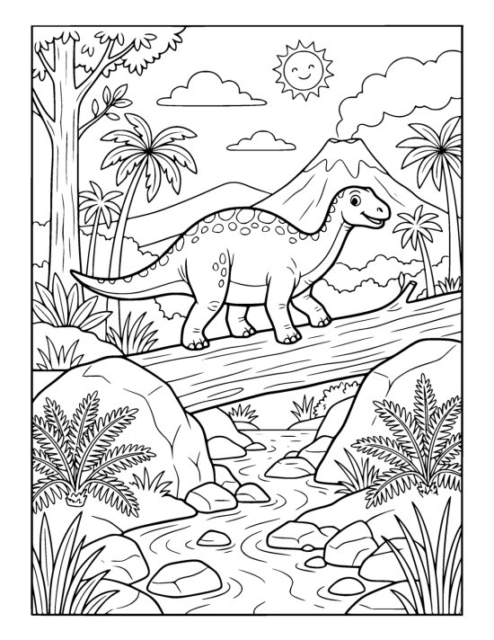 Dinosaur standing on a huge fallen tree trunk laid across a rocky stream on a coloring sheet
