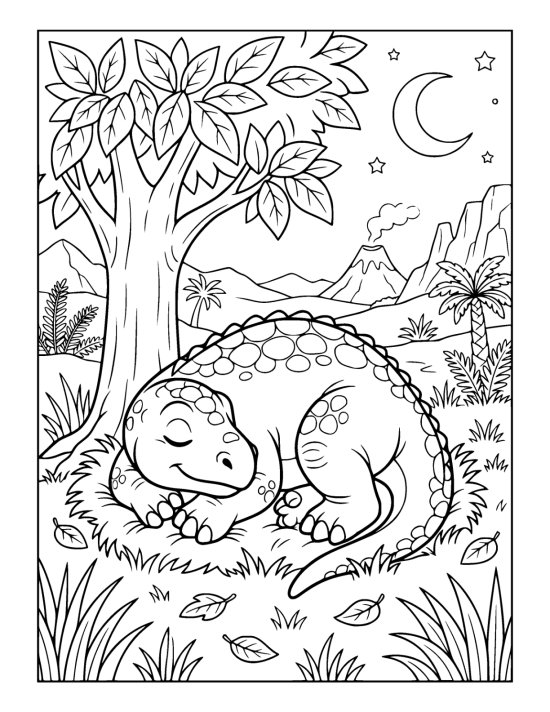 Large dinosaur curled up asleep under a broad leafy tree beneath a crescent moon on a coloring page