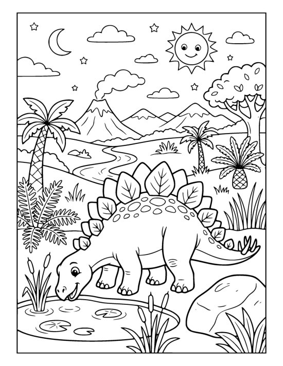 Stegosaurus lowering its head to drink from a small round pond on a coloring sheet