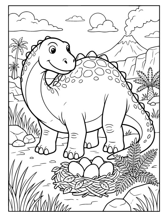 Large dinosaur standing protectively over a low nest of round eggs on a coloring page