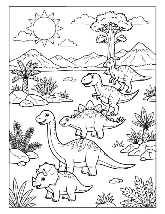 Line of five dinosaurs walking one behind another across a wide plain on a coloring sheet