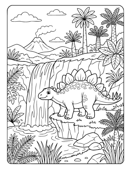 Stegosaurus with a row of plates standing beside a tumbling waterfall on a coloring sheet