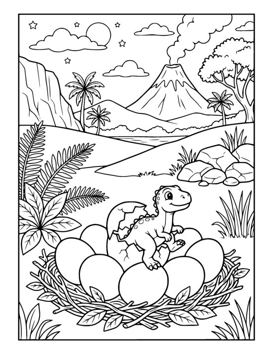 Baby dinosaur climbing out of a cracked egg in a nest of twigs on a coloring page