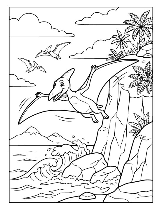 Pterodactyl with wide spread wings gliding past tall sea cliffs on a coloring sheet