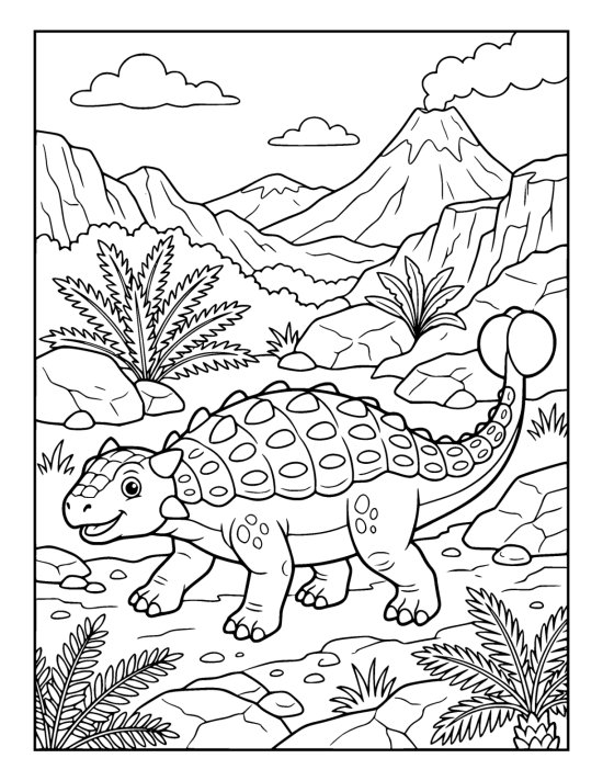 Ankylosaurus with an armoured back and club tail walking a rocky path on a coloring page