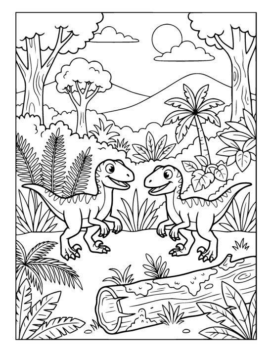 Two small velociraptors standing among tall ferns and a fallen log on a coloring sheet
