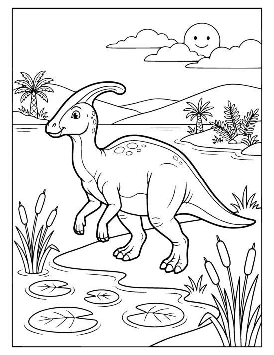Parasaurolophus with a curved head crest at the edge of a calm lake on a coloring page