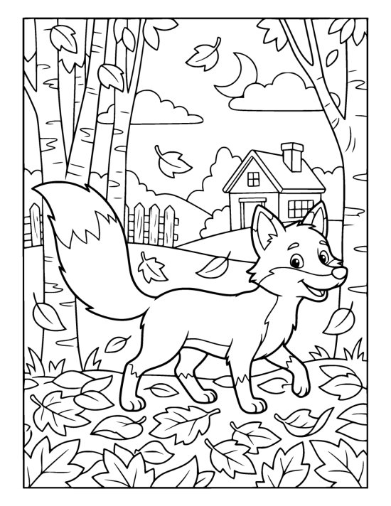 Fox walking through a thick carpet of fallen leaves on a coloring sheet