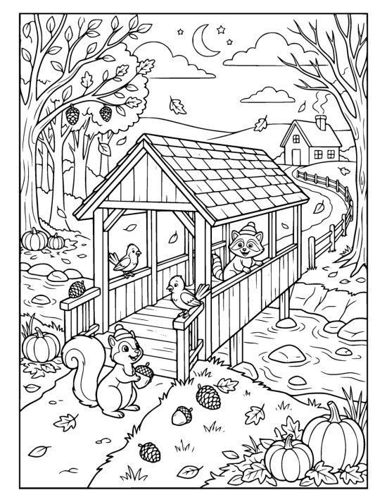 Wooden covered bridge spanning a shallow stream between autumn trees on a coloring page