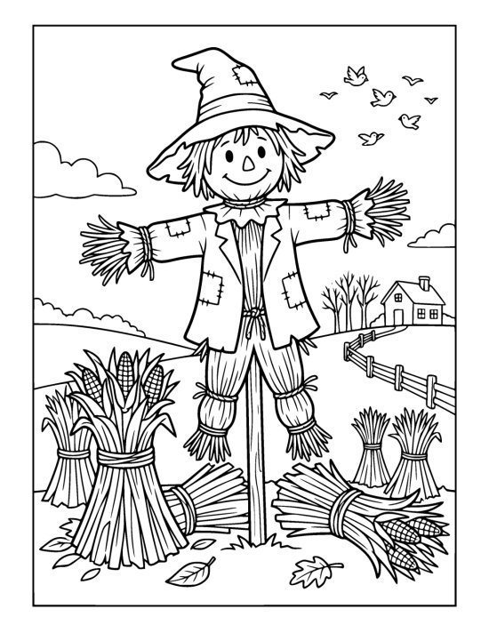 Straw scarecrow on a pole among tied corn bundles in a harvested field on a coloring sheet