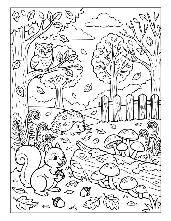 Cluster of round capped mushrooms growing along a fallen mossy log on a coloring page