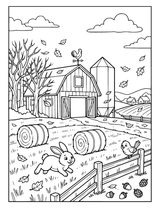 Barn with a weathervane beside round hay bales on a bare field on a coloring sheet