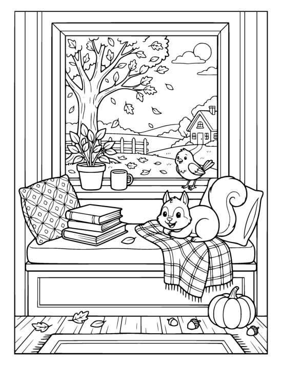 Cushioned window seat with a blanket, mug and books beside a shedding tree on a coloring page