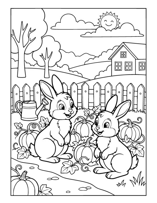 Two rabbits sitting among pumpkins and curling vines in a garden patch on a coloring sheet