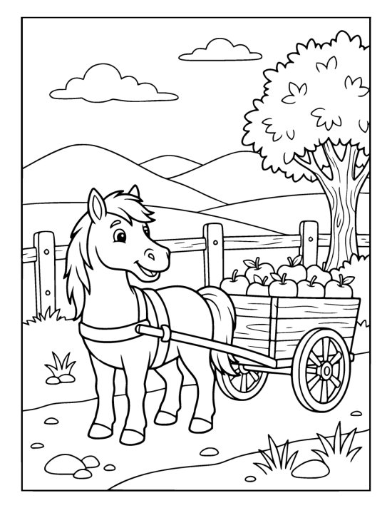 Pony in harness beside a wooden cart heaped with apples on a coloring sheet