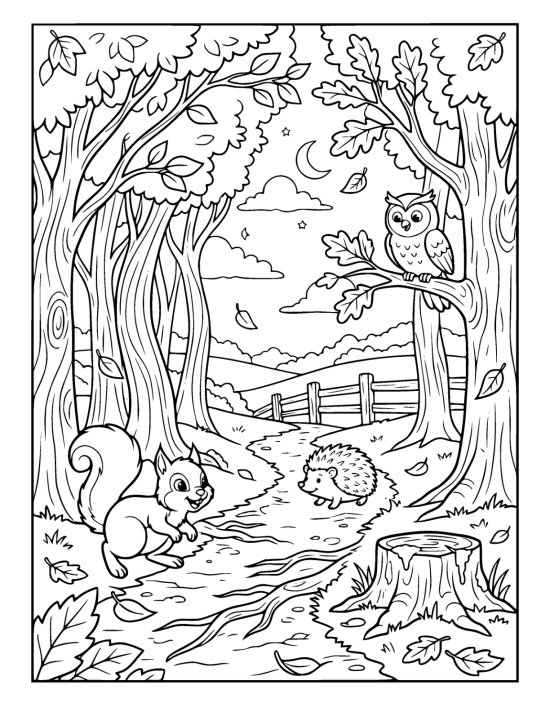 Narrow woodland path curving between tall trees with turning leaves on a coloring page