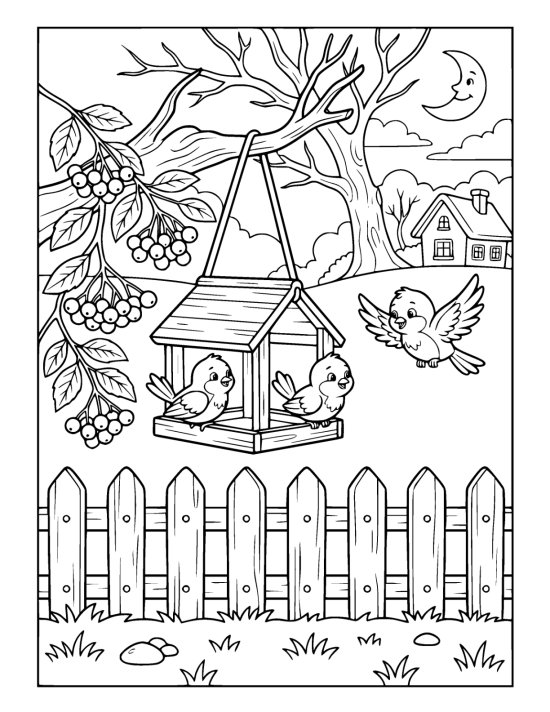 Hanging bird feeder with small round birds and a branch of berries on a coloring sheet