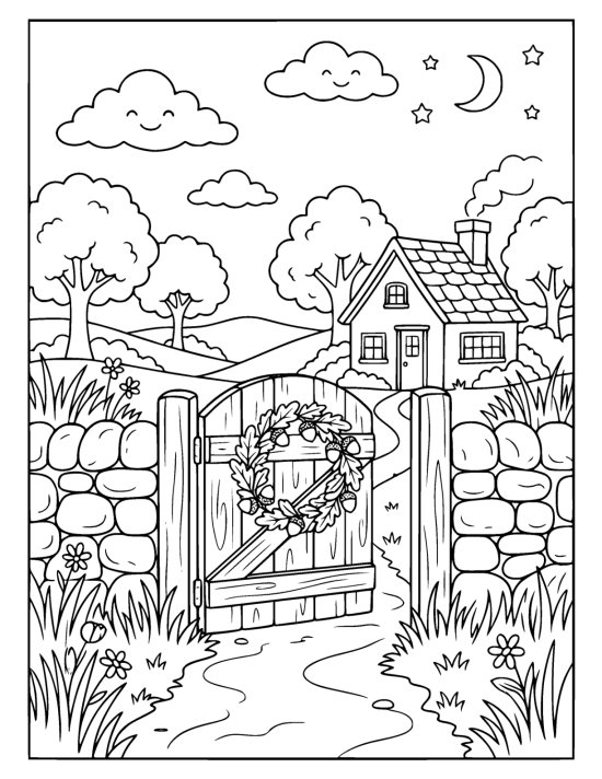 Garden gate in a stone wall hung with a wreath of leaves and acorns on a coloring page