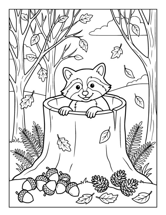 Raccoon peering over the rim of a hollow stump piled with acorns on a coloring sheet