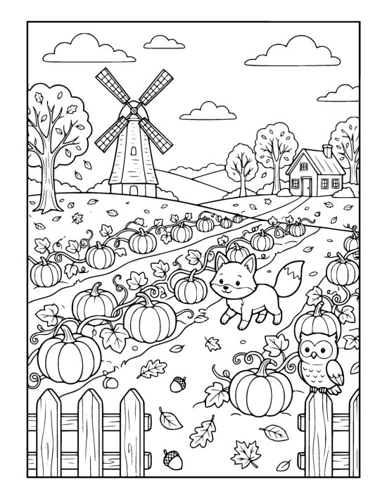 Rows of round pumpkins on curling vines below a turning windmill on a coloring page