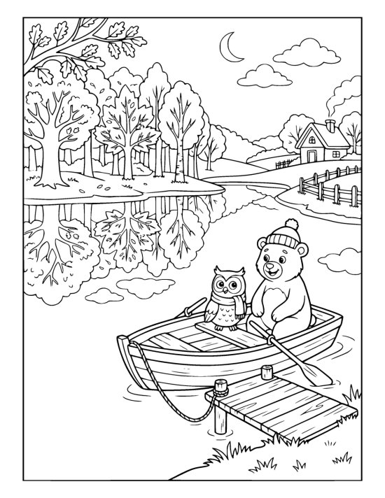 Wooden rowboat tied to a jetty on a still lake framed by autumn trees on a coloring sheet