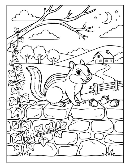 Chipmunk sitting on a dry stone wall with acorns scattered beside it on a coloring page