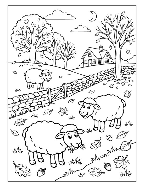 Three sheep grazing a hillside pasture below thinning autumn trees on a coloring sheet