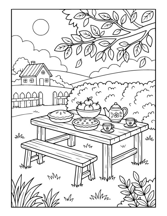 Outdoor table set with two pies, a bowl of apples and a teapot on a coloring page